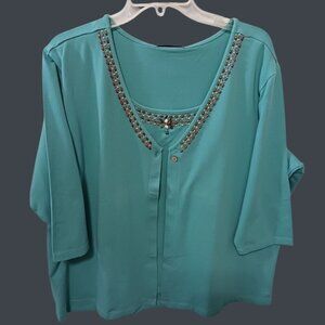 Denim & Co Embellished  3/4 Sleeve Cardigan & Tank Set Aqua Plus Size XXLarge